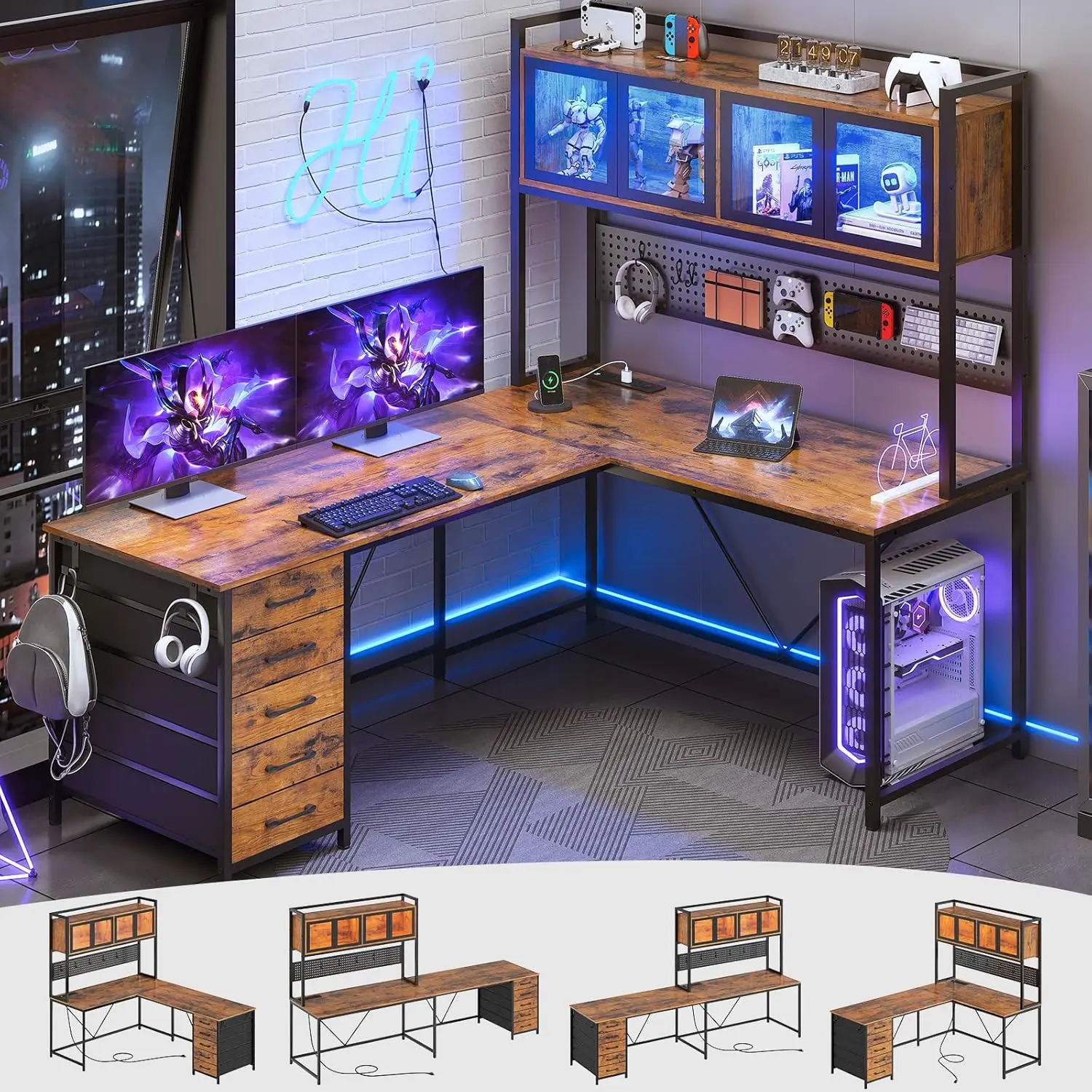 L Shaped Gaming Desk with Drawers, L Shaped Computer Desk with Hutch and Storage Shelves, Gaming Desk with Pegboard, Led Lights
