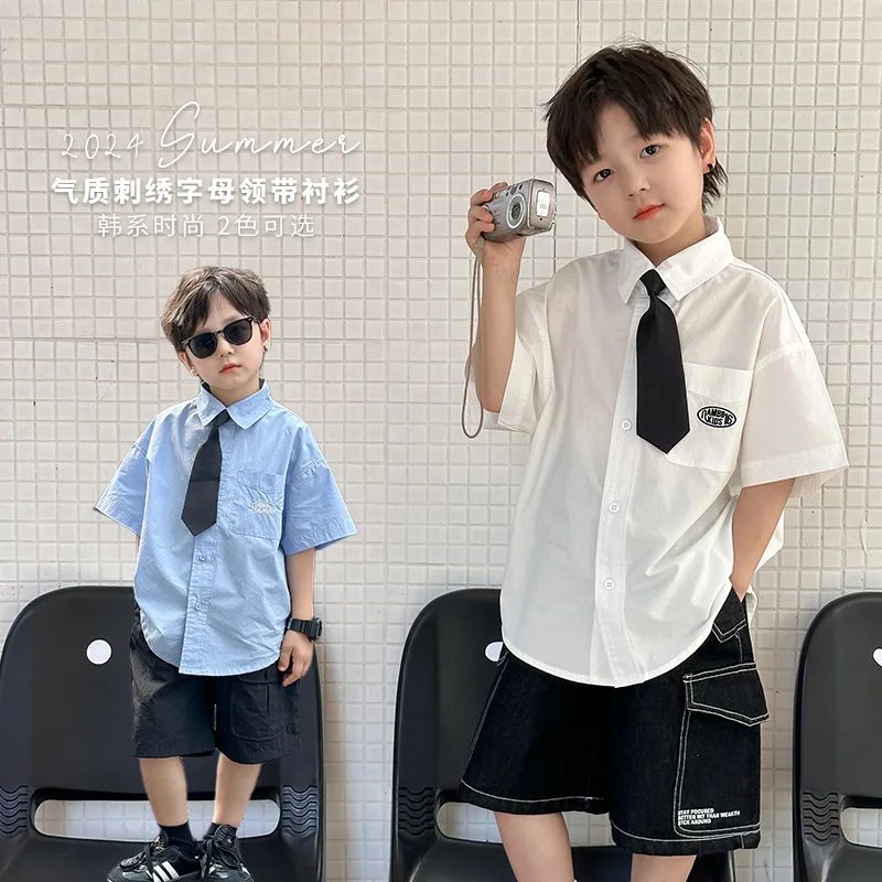 

Children Clothing Preppy Style Tie Shirt 2024 Summer New Boys Handsome Embroidered Short Sleeve Girls Cotton All Match Top