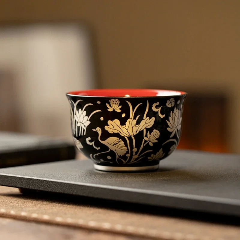 Black Glazed Silver Patterned Teacup Creative Tea Bowl Cute Cup Tea-tasting Smelling Cup Chazhan Master Cups Drinkware