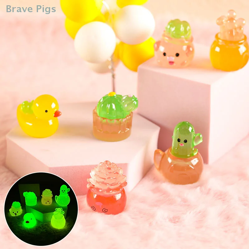 Luminous Cactus Potted Ornament Micro Landscape Ornaments Miniature Crafts Dollhouse Decor Toy Surprise Box Accessory Car Decor