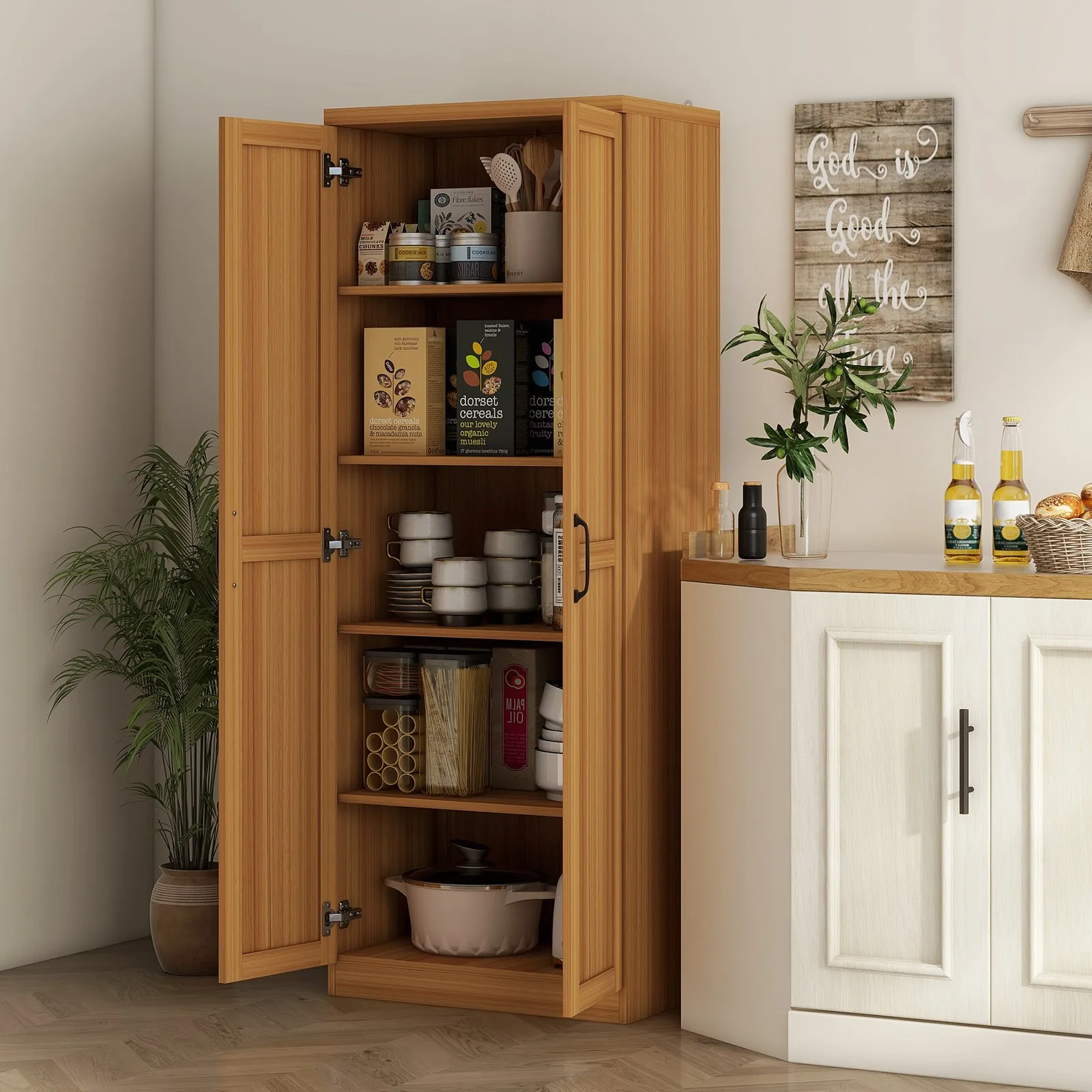 

63" Rustic 2-Door Kitchen Freestanding Storage Cabinet Pantry Shelves, Brown