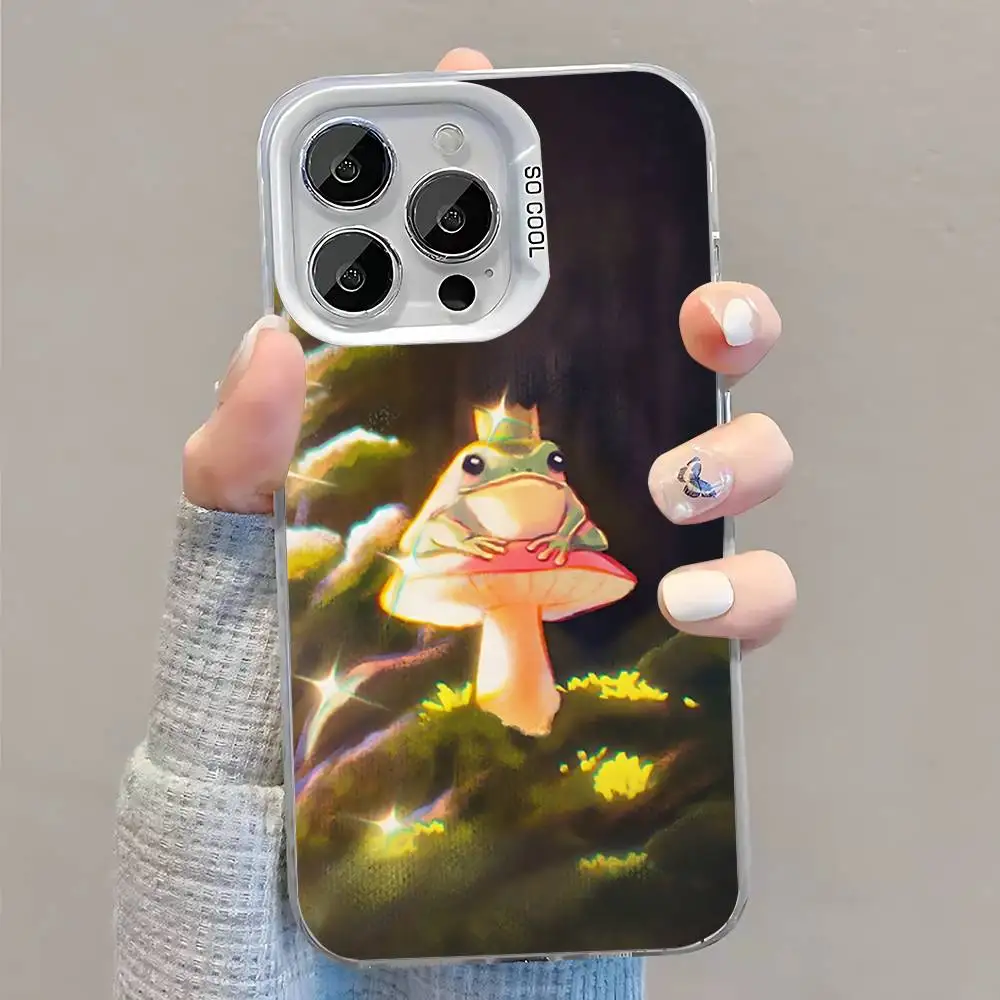 Mint Green The Frog Mushroom Phone Case For iPhone 16,15,14,13,12,11,Pro,XS,Max,Plus,Mini,SE White Candy Matte Shockproof Cover