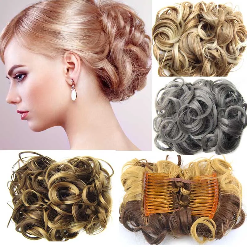 Synthetic Curly Messy Bun With Combs Scrunchie Chignon Dish Hair Bun Extension Clip in Hair Bun Hairpiece for Women Girls