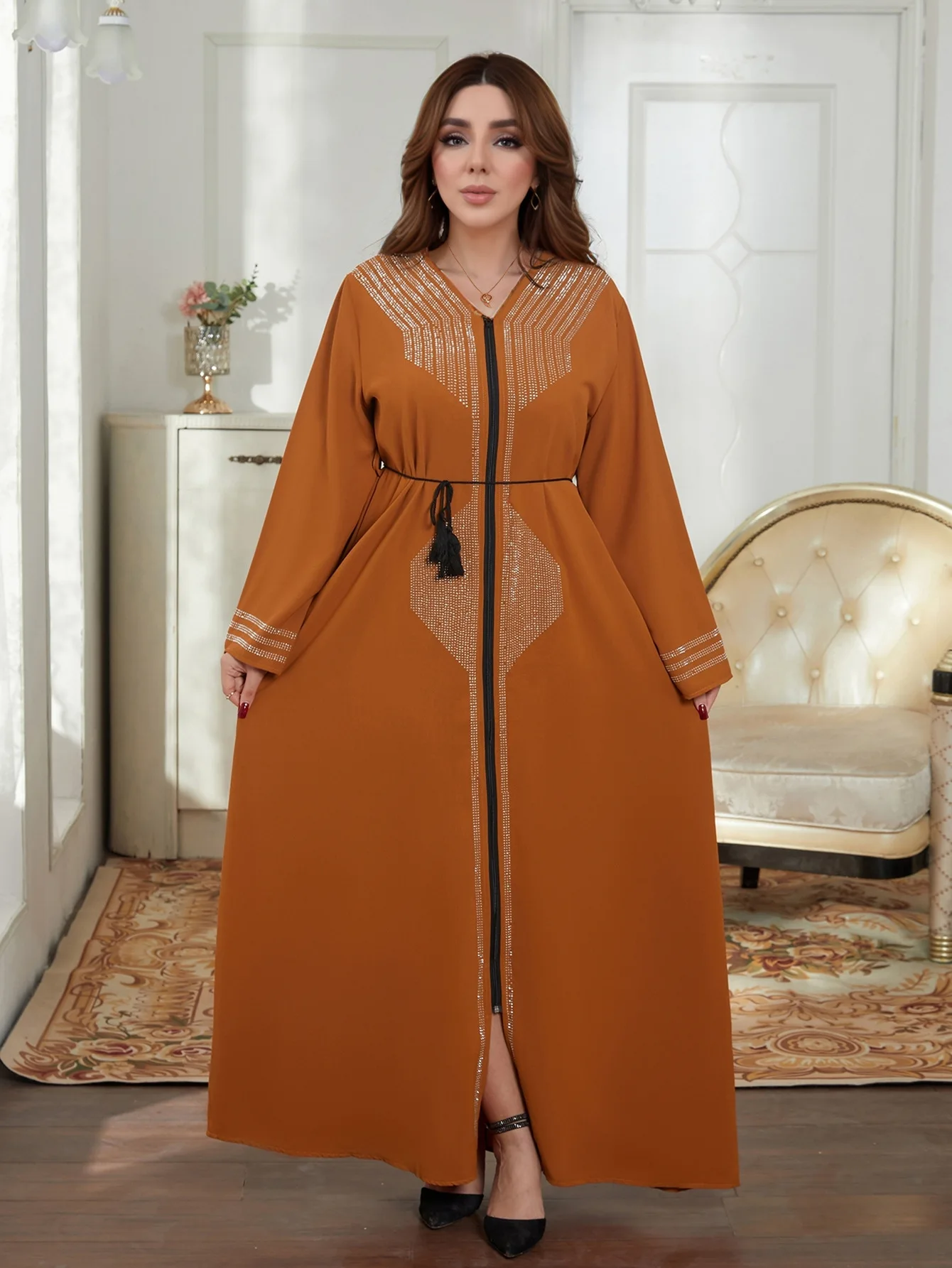 Eid Mubarak Women Open Zipper Dress Abaya Dubai Long Sleeve Hot Drilling Kaftan Muslim Dubai Robe Turkey Islamic Clothes Arabic