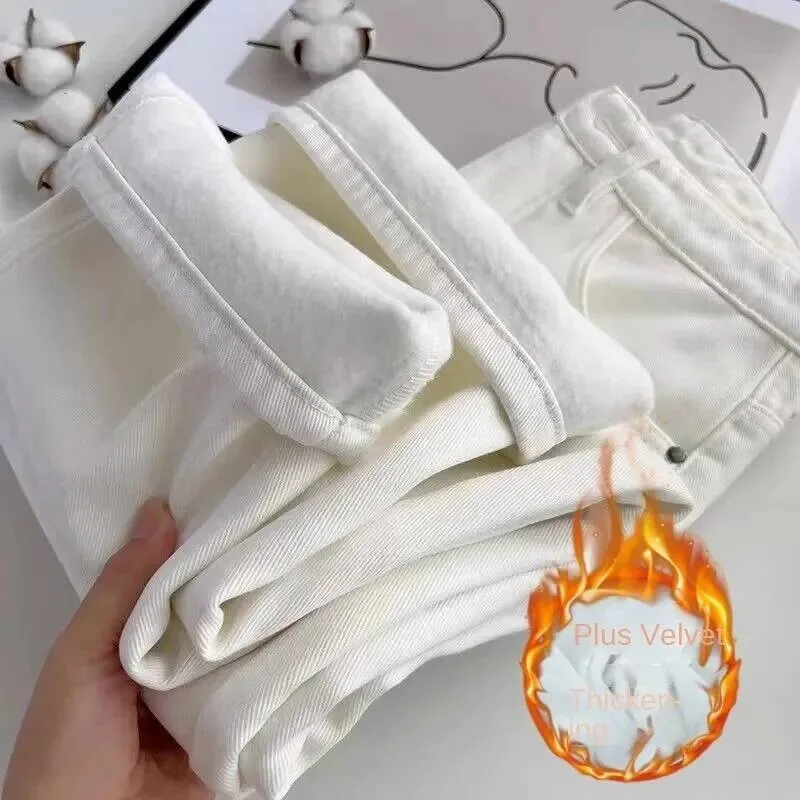 

High Waist White Fleece Lined Straight Jeans For Woman Pants Winter Loose Fit Wide Leg Trousers With Hem
