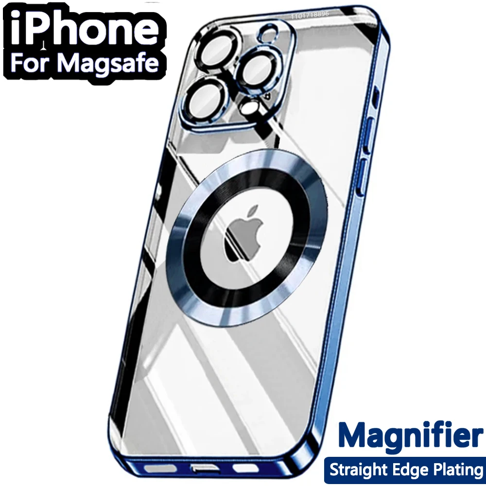 Original Logo Magnifying Plating Clear Cover For Apple Magsafe Case Iphone 15 14 Plus 11 12 13 Pro Max Magnetism 4K Camera Film