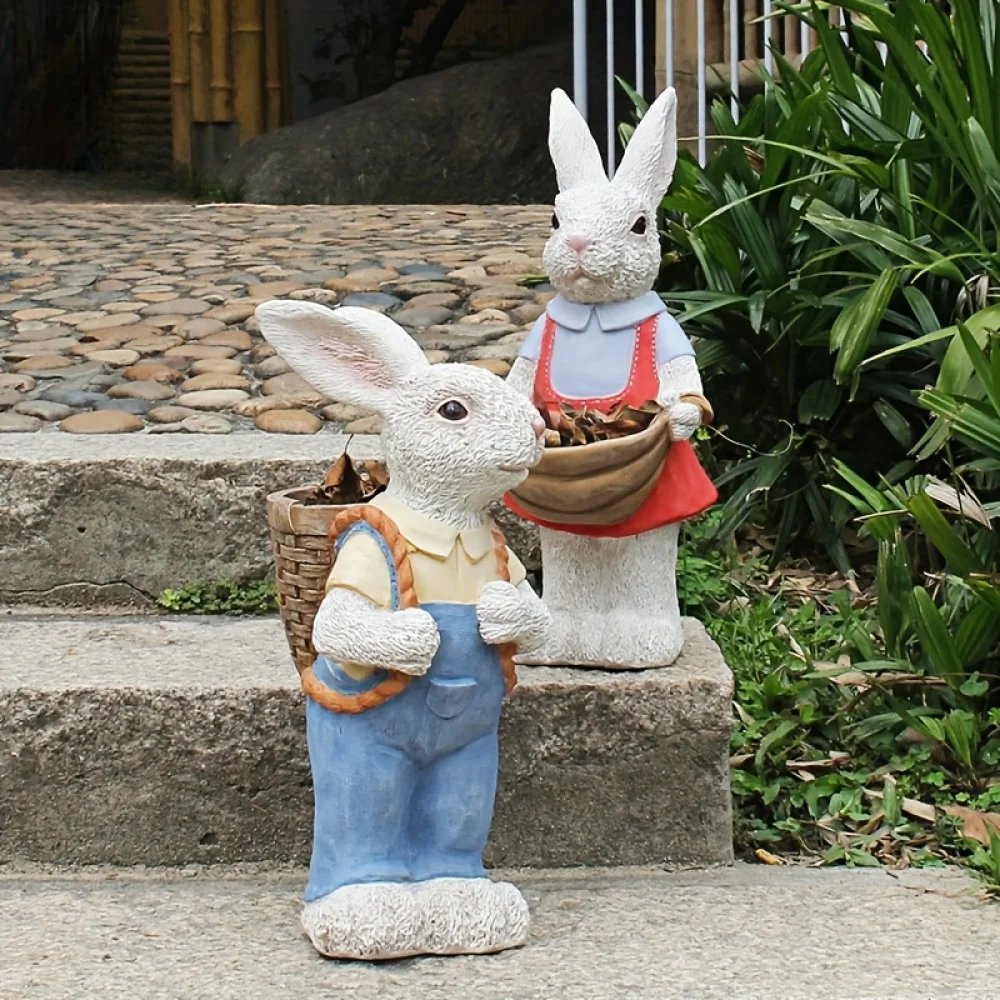Simulated Couple Rabbit Statue Flower Pot Ornament, 17'' Resin Crafts Garden Sculpture Decor, Household Guardian Ornament, Ideal Gift for Independence Day for Yard Home Outdoor Decor view 4