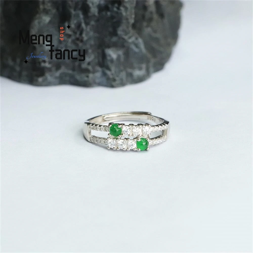 S925 Silver Inlaid Natural Jadeite Ice Type Imperial Green Finger Ring Exquisite Elegant Charm High-grade Luxury Fashion Jewelry