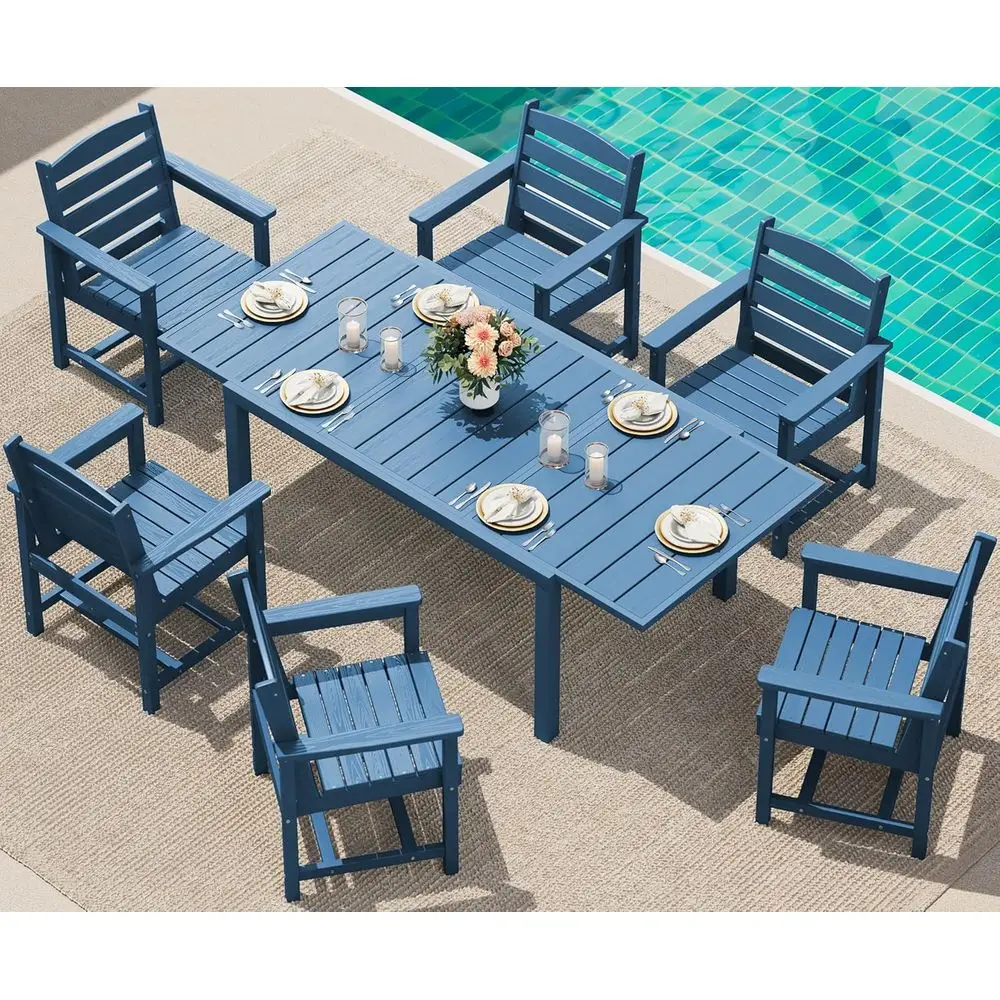 

Expandable Outdoor Dining Set: 60-83 Table with 6 HDPE Chairs, Weather-Resistant, Blue