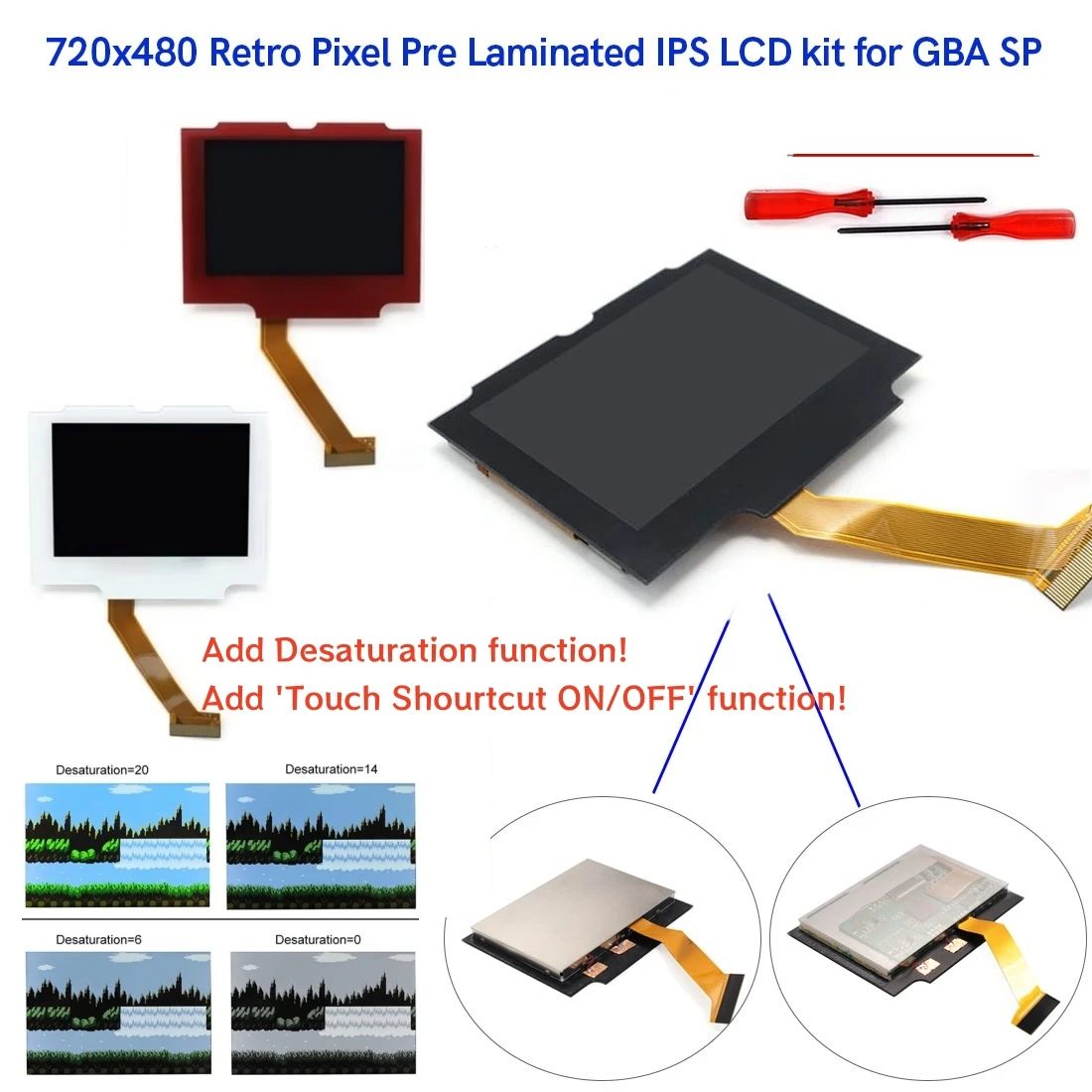 

Комплект LCD-экрана Hispeedido V5 Pre-Laminated 3.0" IPS 720x480 с ретро-пиксельным эффектом, подсветкой и функцией снижения насыщенности цветов, простой в установке для консоли GBA SP.