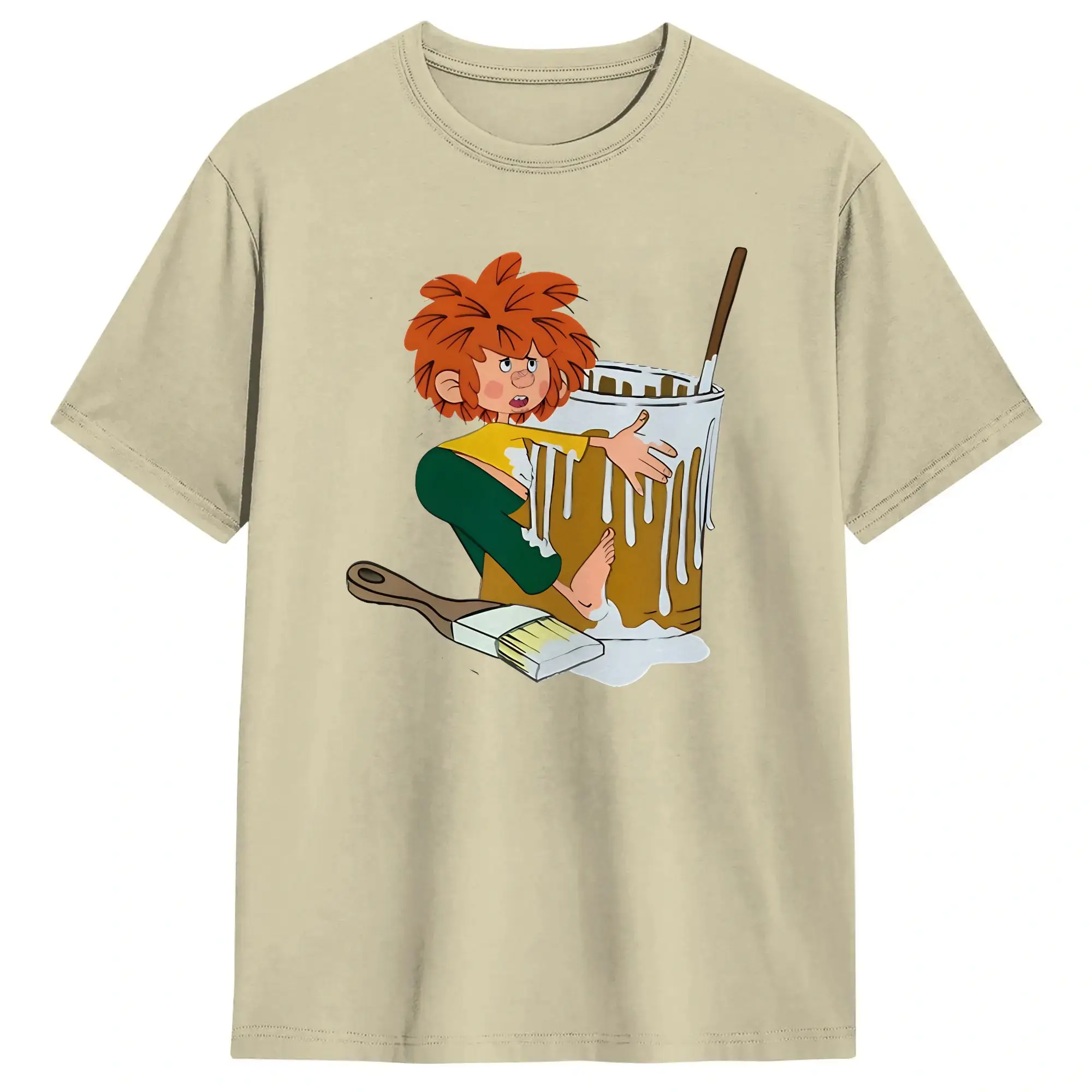 Funny Pumuckl painting the house  T Shirt Men 100%Cotton Short Sleeve  Round Neck Summer Tops Shirts