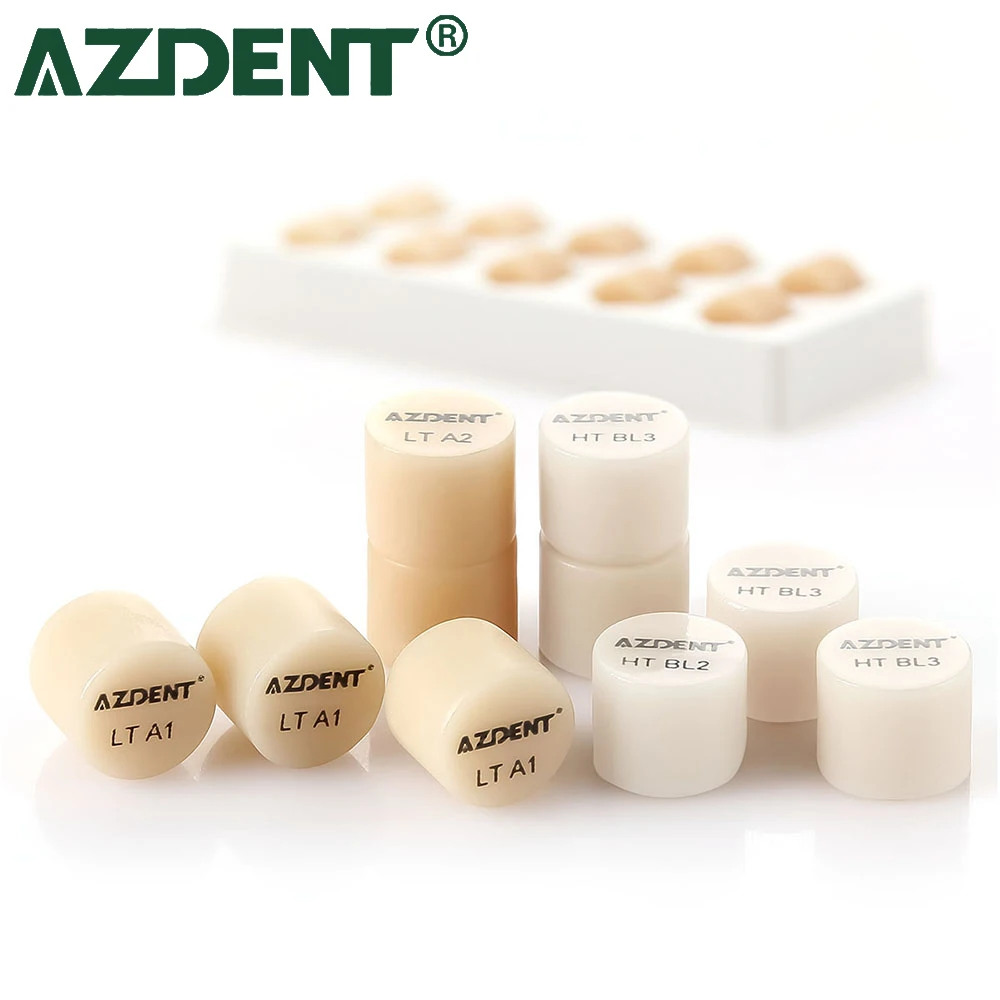 

AZDENT 10 Press Coins with Dental Lithium Disilicate Ceramic Glass Blocks HT/LT for Inscript Anterior Crown Veneers Lab Material