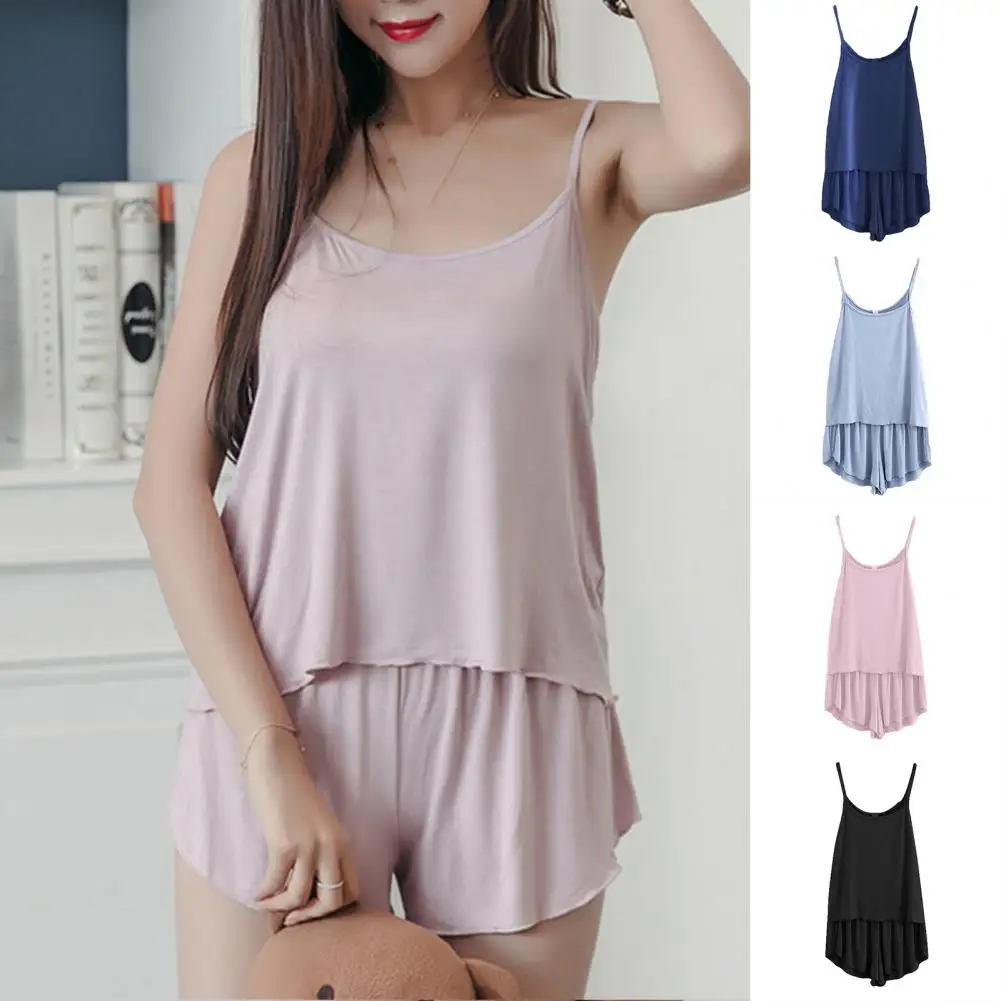 

2Pcs Women Pajama Set Round Neck Sleeveless Solid Color Summer Camisole Pajamas Shorts Sleepwear for Sleeping