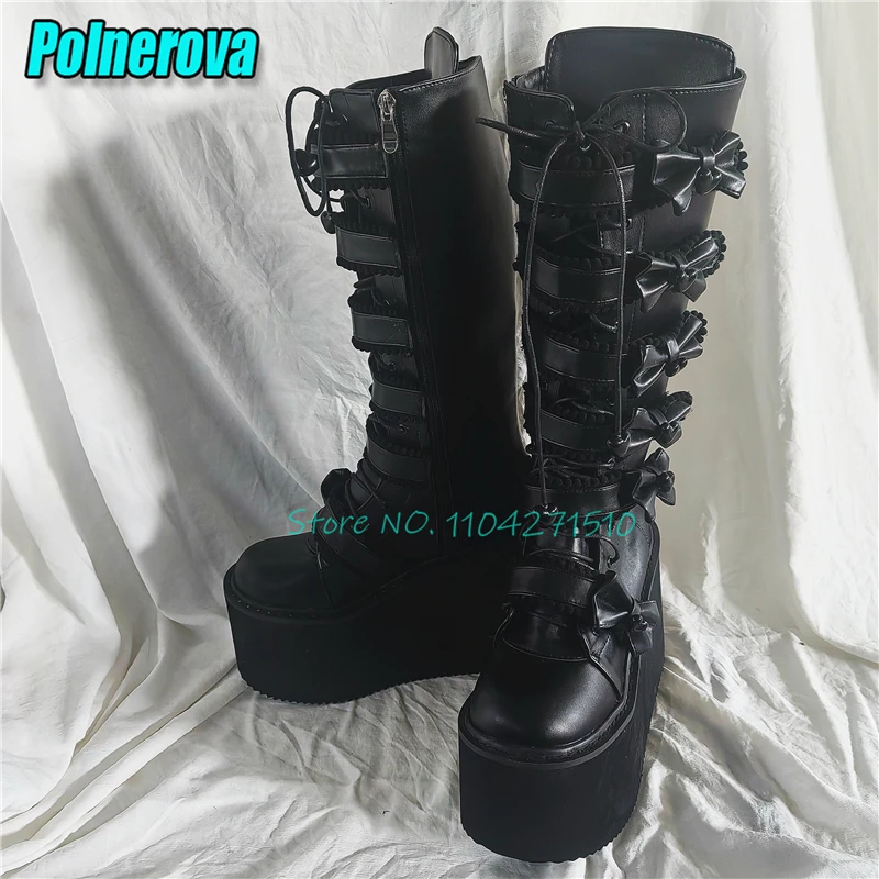 Bow Buckle Chunky Platform Knee High Boots Round Toe Wedge Thick Soled Cross Tied Zipper Knight Boots Sweet Y2K Women's Shoes
