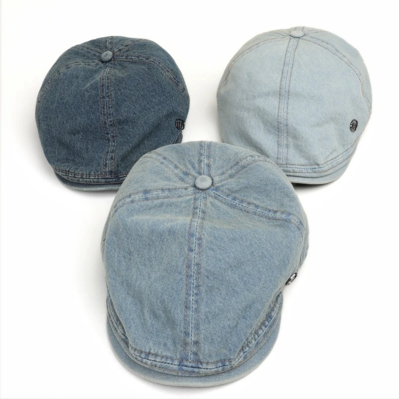 New Washed Distressed Newsboy Cap Women Face-Slimming Beret Hat Vintage Blue Painter Caps