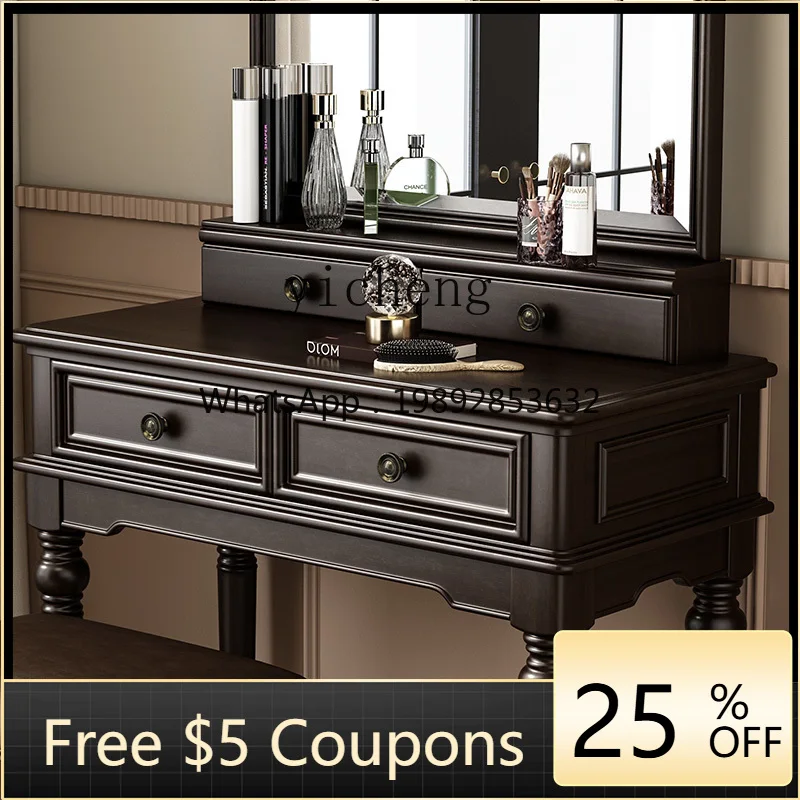 

All solid wood dresser, bedroom makeup table with mirror integrated retro desk with pump