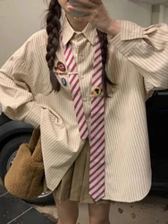 ADAgirl Harajuku Stripe Blouse with Tie Preppy Style Long Sleeve Button Up Shirts for Women Korean Fashion Autumn School Clothes