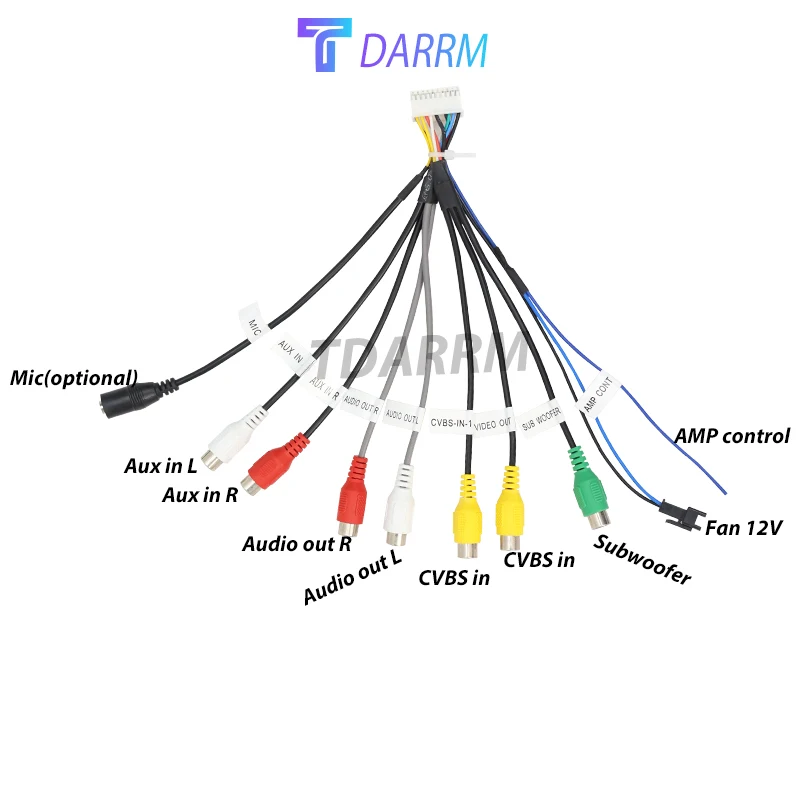 20 Pin RCA for Car Android  Audio Video Cable Subwoofer Output Socket CVBS Aux In Amp Control Wire Fan 12V Power Jack Mic Harnes