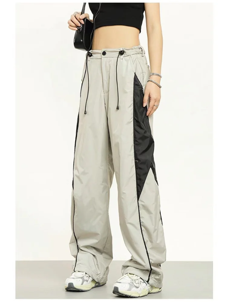 

HOUZHOU Vintage Patchwork Beige Sweatpants Women Y2K Retro Streetwear Wide Leg Sports Pants Oversize Edgy Style Baggy Trousers