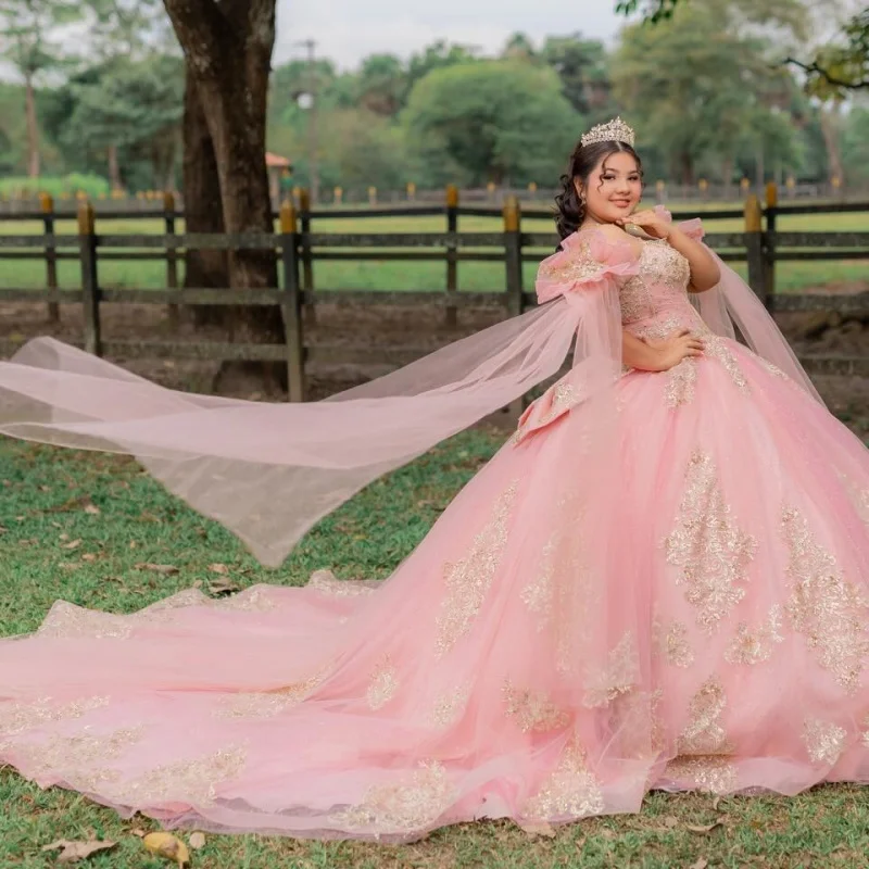 Light Pink Quinceanera Dresses Off the Shoulder Golden Glitter Layering Decal Long tail Bow Vestidoe 15 Quinceanera Customize