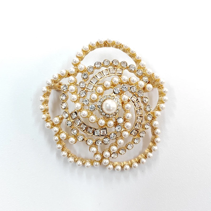 Big Imitation  Pearl Camellia Flower Crystal  Brooch  Jewelry For Women