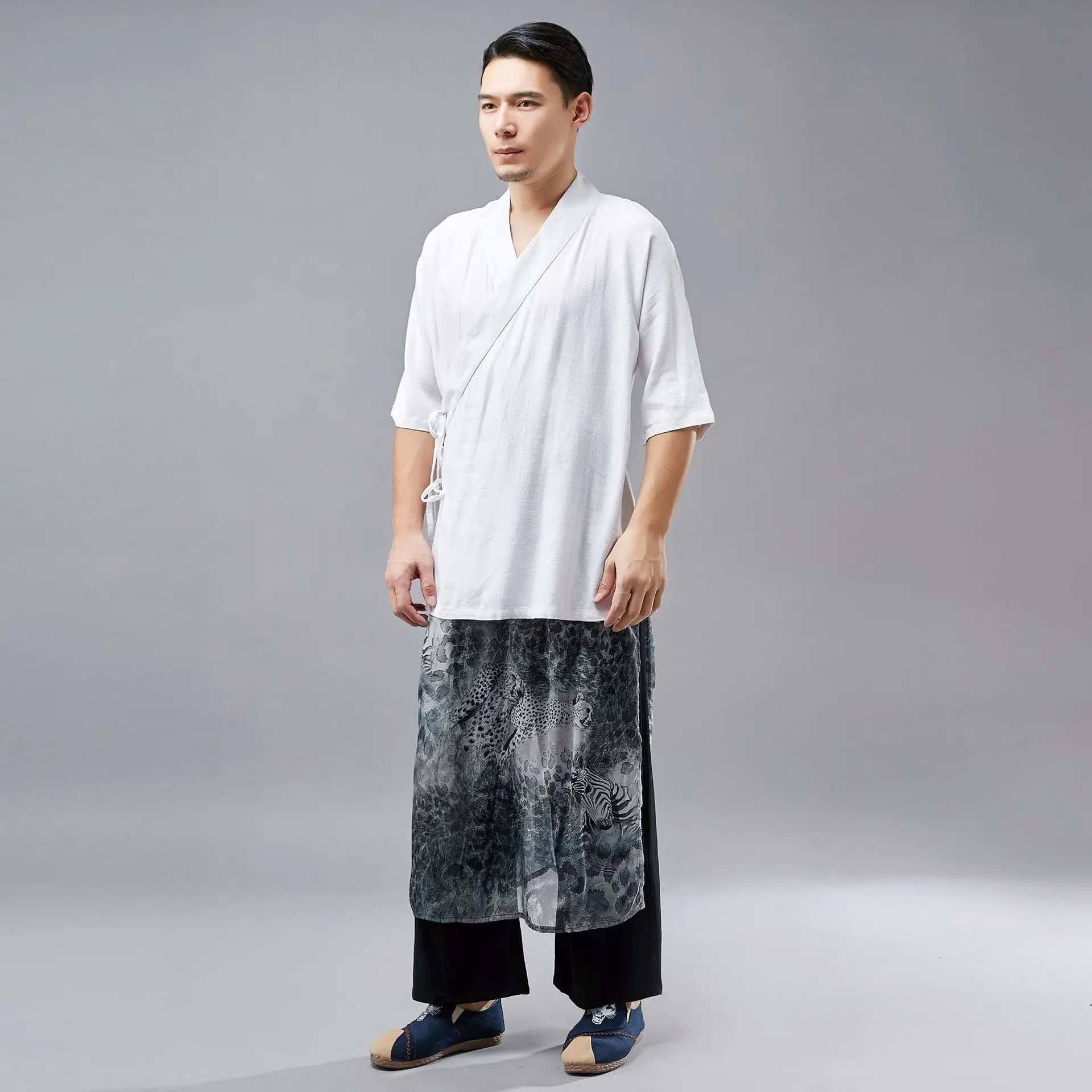 

Summer New Short-Sleeved Men's Tang Suit Hanfu Retro Ethnic Clothing Stone Washed Linen Top Loose