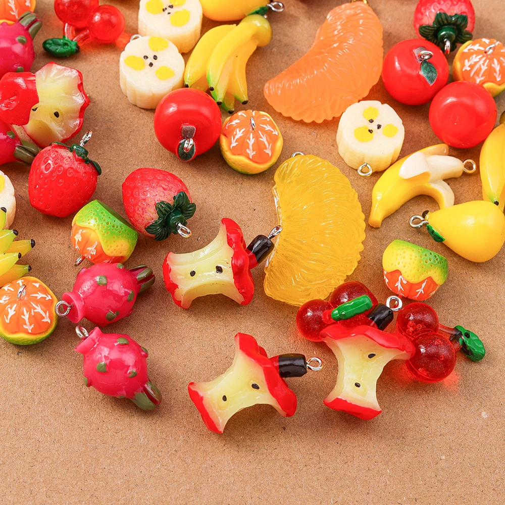 10 Stück zufällige Mischung Harz 3D Obst Charms Apfel Banane Orange Kirsche Anhänger für Schmuckherstellung Ohrringe Halskette DIY Zubehör – Detail 5