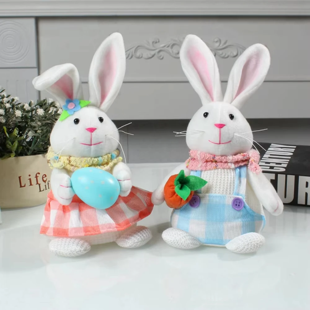 Easter Decorations Lighted Plush Bunny with Easter Egg Carrot Easter Rabbits Couple with Lights Cute Animal Figurine Ornament