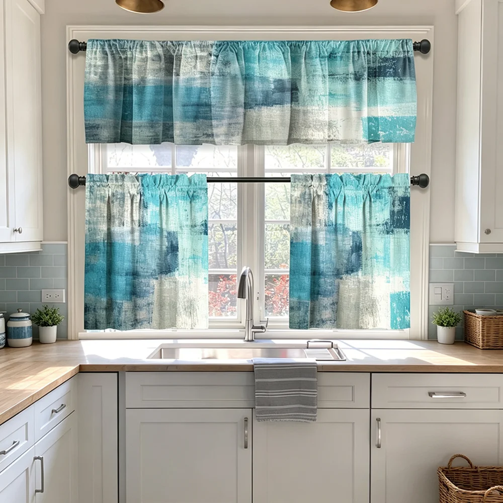 Kitchen Valance and Short Curtains Set, Teal Abstract Texture, Modern Abstract Style, Tier Curtains, Sweet Kitchen Decor