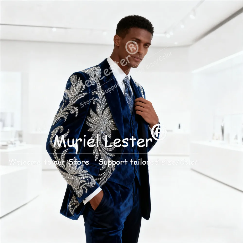 

Sparkly Rhinestone Diamond Wedding Suits For Men 3 Pieces Peaked Label Groom Blazers Tuxedos Ropa Homre Customized Man Attire