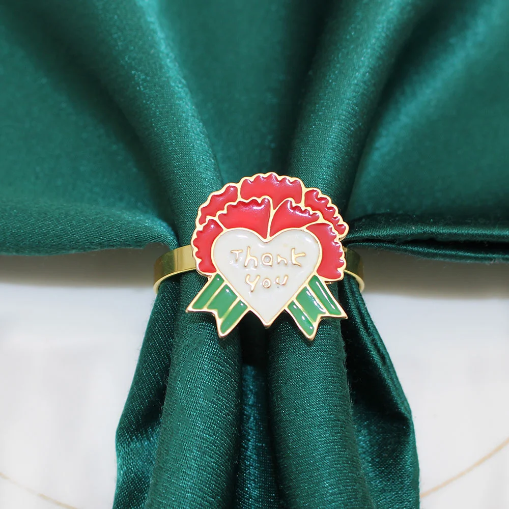 Dvianna 6Pcs Carnation Napkin Rings Thank You Heart Metal Napkin Holder Mother's Day Table Decor
