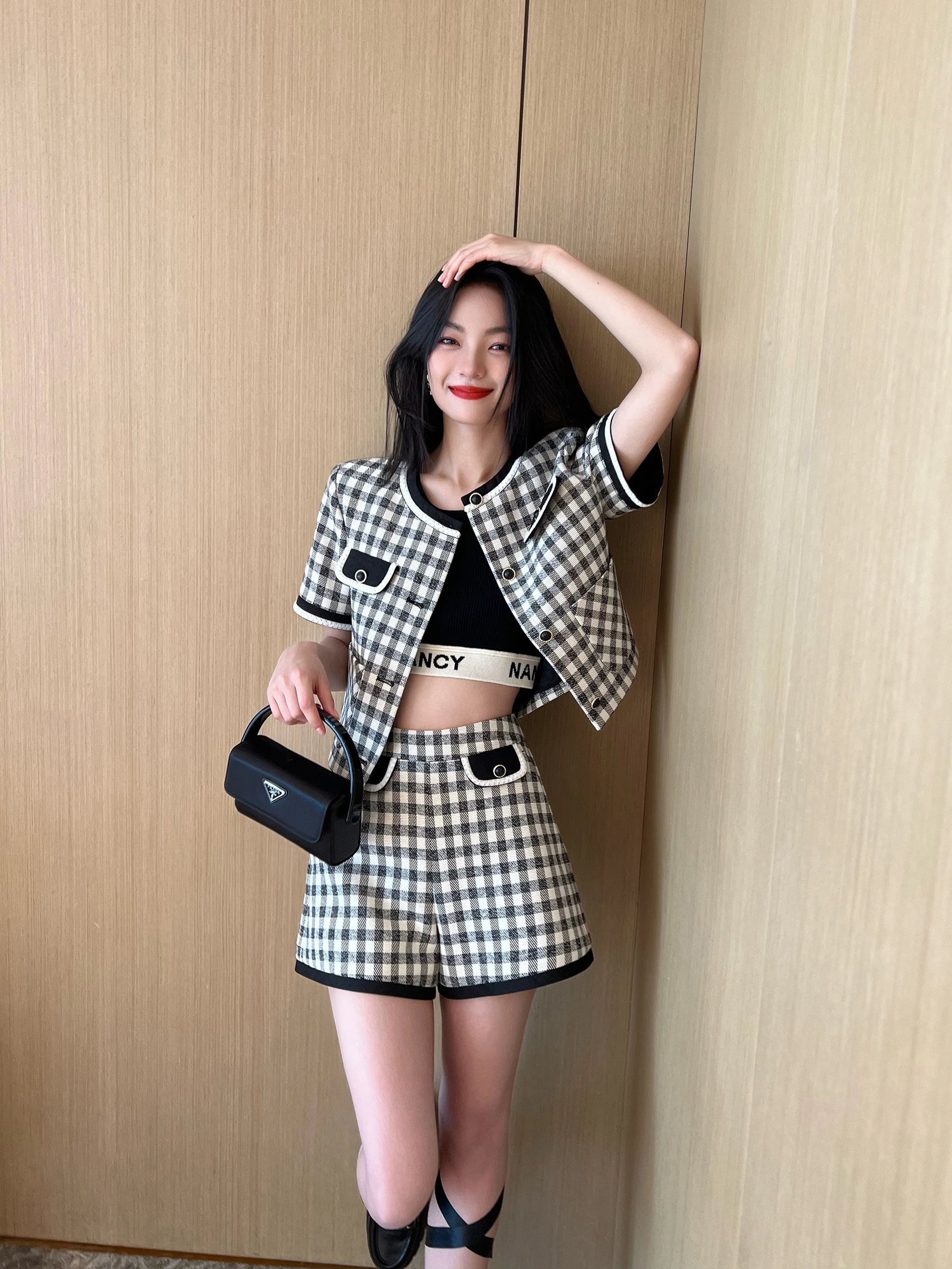 

NancyCavally Ele INS Sle Color Blo Classic Plaid Cotton Set Women's Faion Autumn Collection Box ape Two-Piece Suit