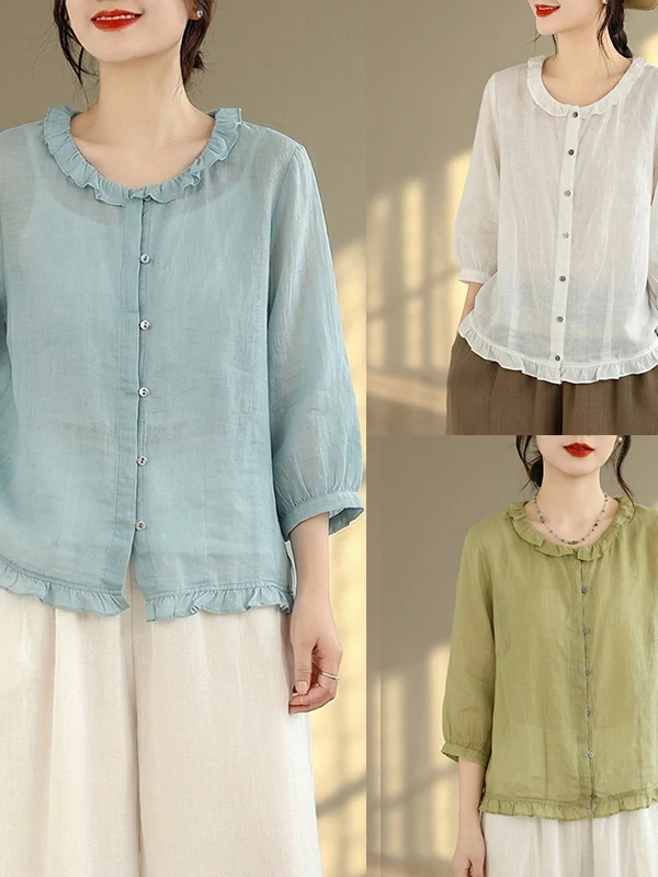 

Элегантная женская рубашка с рюшами на воротнике, свободного кроя, с коротким рукавом, больших размеров, универсальная, в повседневном художественном стиле, дышащая, летняя.