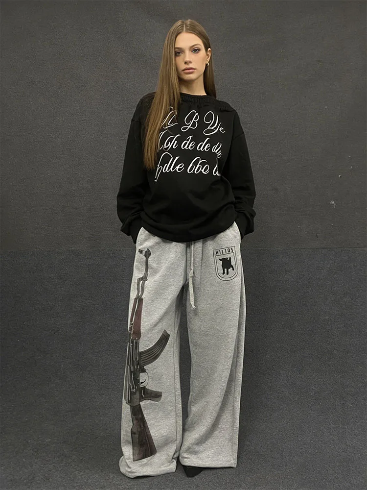 

Street fashion new trend hip-hop Harajuku ins print splicing fake two-piece lace up casual straight leg pants Y2k clothing