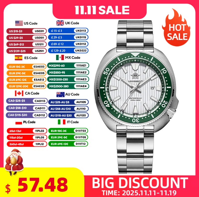 

ADDIESDIVE Men Watch 200m Waterproof Luminous Diving Sport Wrist Watch Ceramic Bezel Sapphire Glass Stainless Steel Quartz Watch
