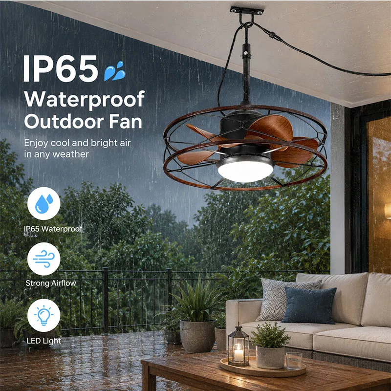 Ventilateur de plafond extérieur 20 pouces avec télécommande, étanche IP65, à brancher, pour cage, terrasse, pavillon, véranda