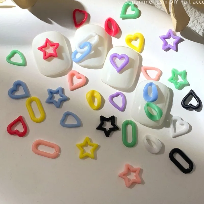 100Pcs Mixed Color Hollow Nail Charms Decoration 3D Flatback Resin Makaron Color Star Love Heart Shape DIY Manicure Decor Parts*