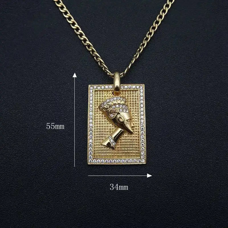 Hip Hop Black Color Stainless Steel Egyptian Pharaoh Queen Cleopatra Square Pendants Necklaces for Men Jewelry Drop Shipping