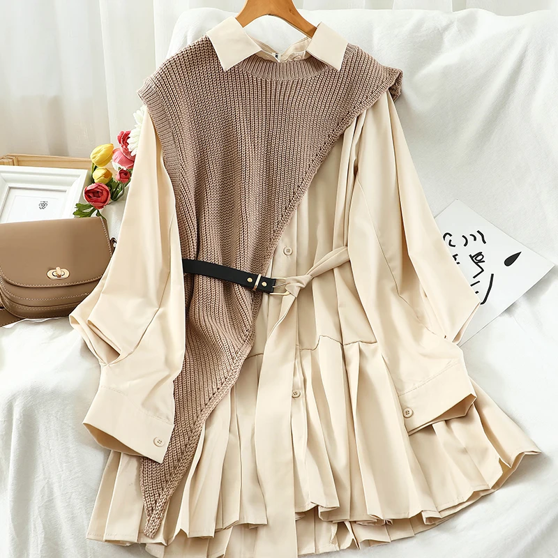 Two 2 Piece Set shirt Dress For Women Streetwear Pleated Midi Dress Irregular Knitted Vest Long sleeve Shirts 2025 Spring Autumn