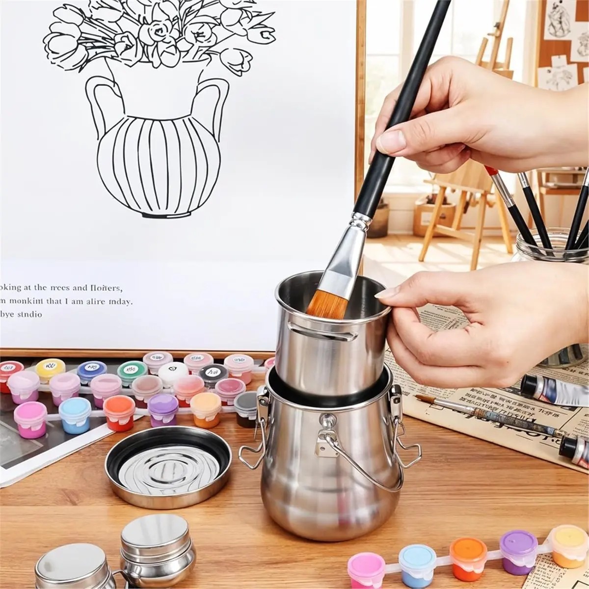 A1362P ~2 Pcs Stainless Steel Paint Brush Cleaner, Paint Brush Washer with Double Dipper Container Cup, Painting Brushes Holder
