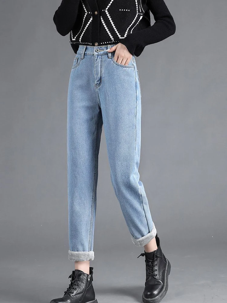 Winter Thicken Baggy Denim Pants High Waist Straight Ankle Length Jeans Add Velvet Warm Vaqueros Korean Woman Pantalones New