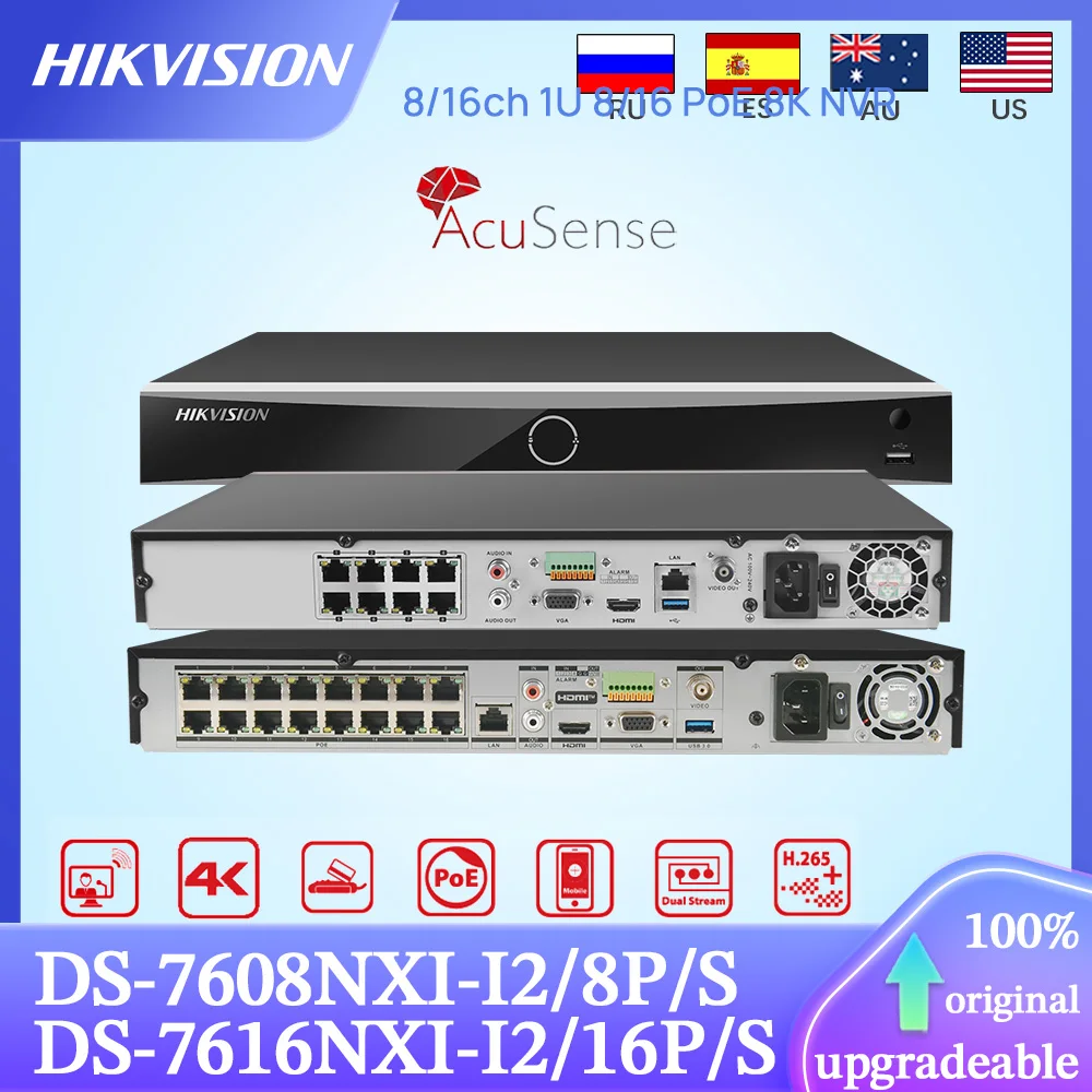 Hikvision Original DS-7608NXI-I2/8P/S DS-7616NXI-I2/16P/S 8/16CH POE 4K Acusense NVR 2 SATA AI By Camera Network Video Recorder