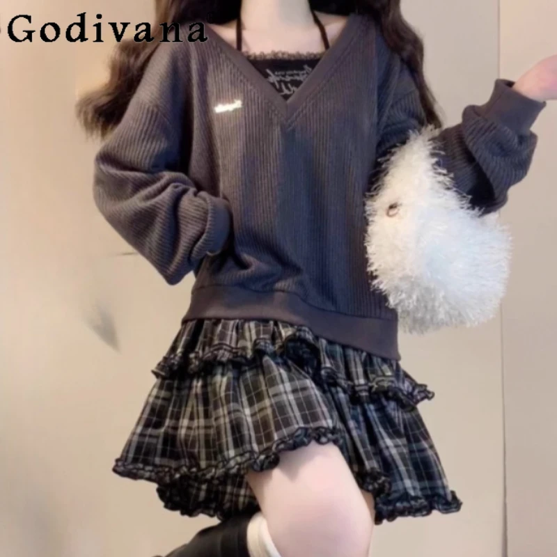 ربيع الخريف حجم كبير كلية محبوك الفرنسية منقوشة فستان قصير Y2k فتاة وهمية قطعتين طويلة الأكمام فساتين كعكة اليابانية #1