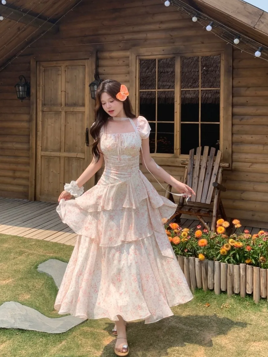 

plus Size Women's Gentle Floral Print Asymmetrical Short Sleeve Dress Summer New Waist Cinching Lace Hem Long Dress