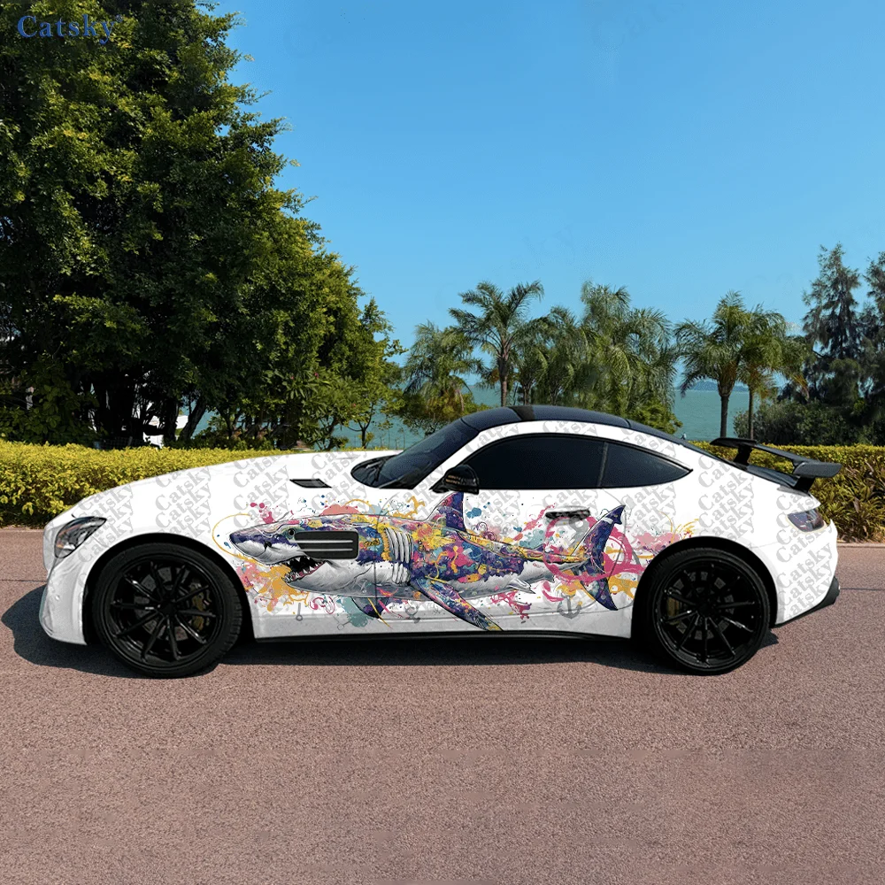 Colourful Shark Graffiti Car Side Sticker Decoration,PVC Waterproof Scratch Resistant Decal,Car Protection,Auto Accessories Gift