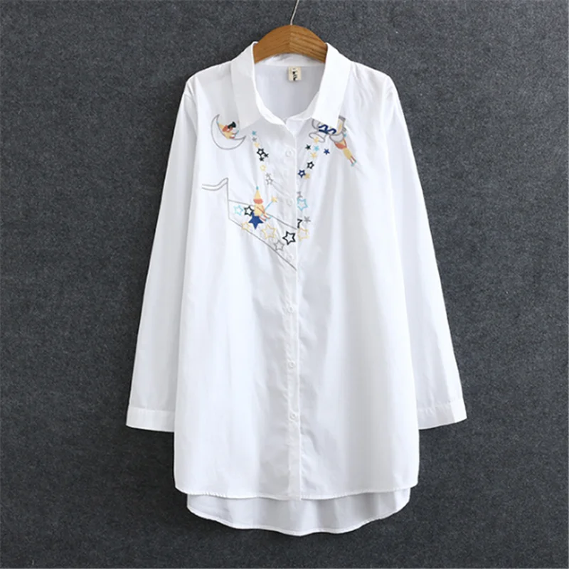 2022 Plus-Size Women\'s Autumn Dress New Slimming Loose Embroidered Five-Pointed Star Long-Sleeve Shirt 2