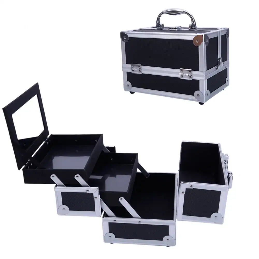 

9 "x 6" x 6" Pro Алюминиевый поезд для макияжа Коробка для хранения ювелирных изделий Косметичка Запираемый чехол-органайзер Черный
