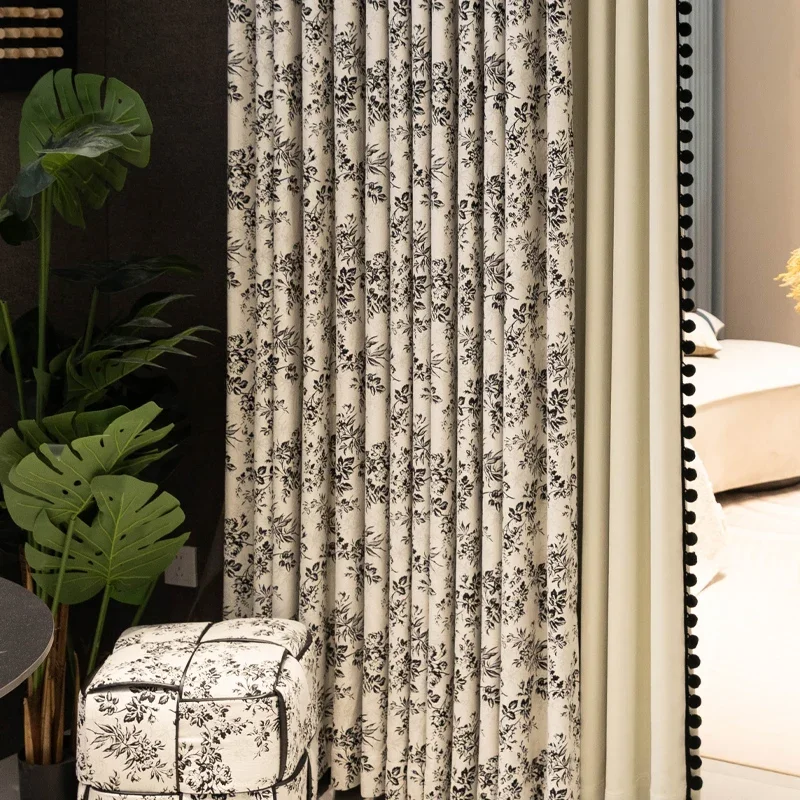 Custom Plant Jacquard Chenille Black and White Stitching Thickened Curtains for Living Room Bedroom French Window Balcony Window