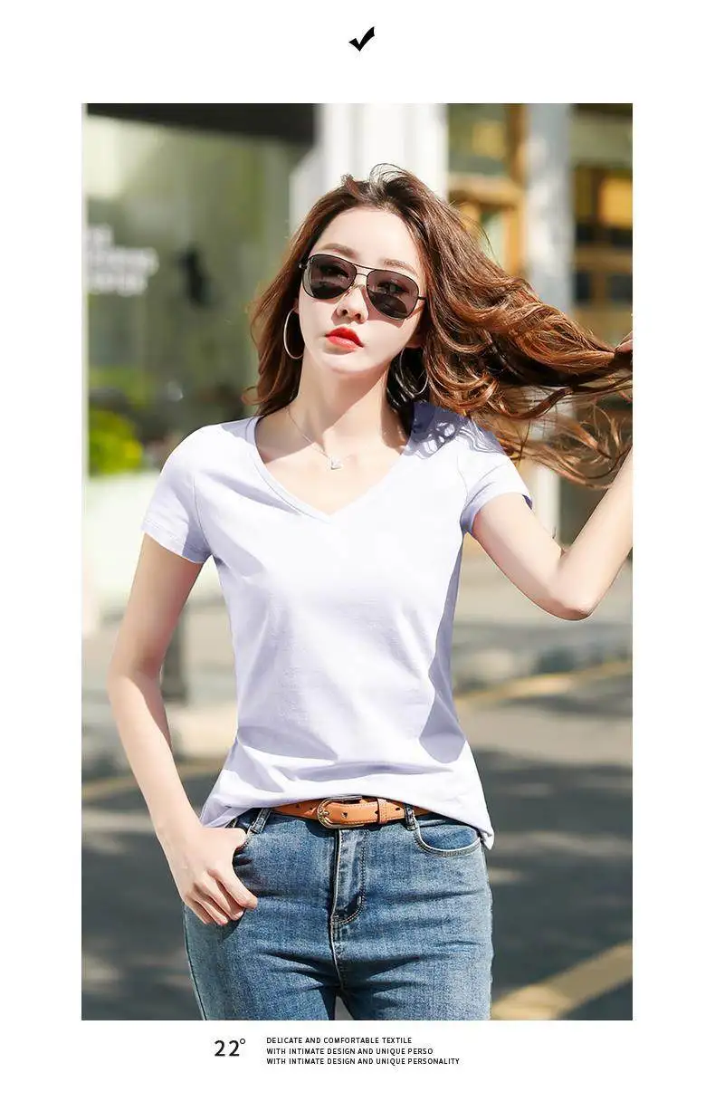 New Red V-Neck Short Sleeve T-Shirt for Women Summer Stylish Lucky Year Body-Conical Chicken Heart Neck Sleeve