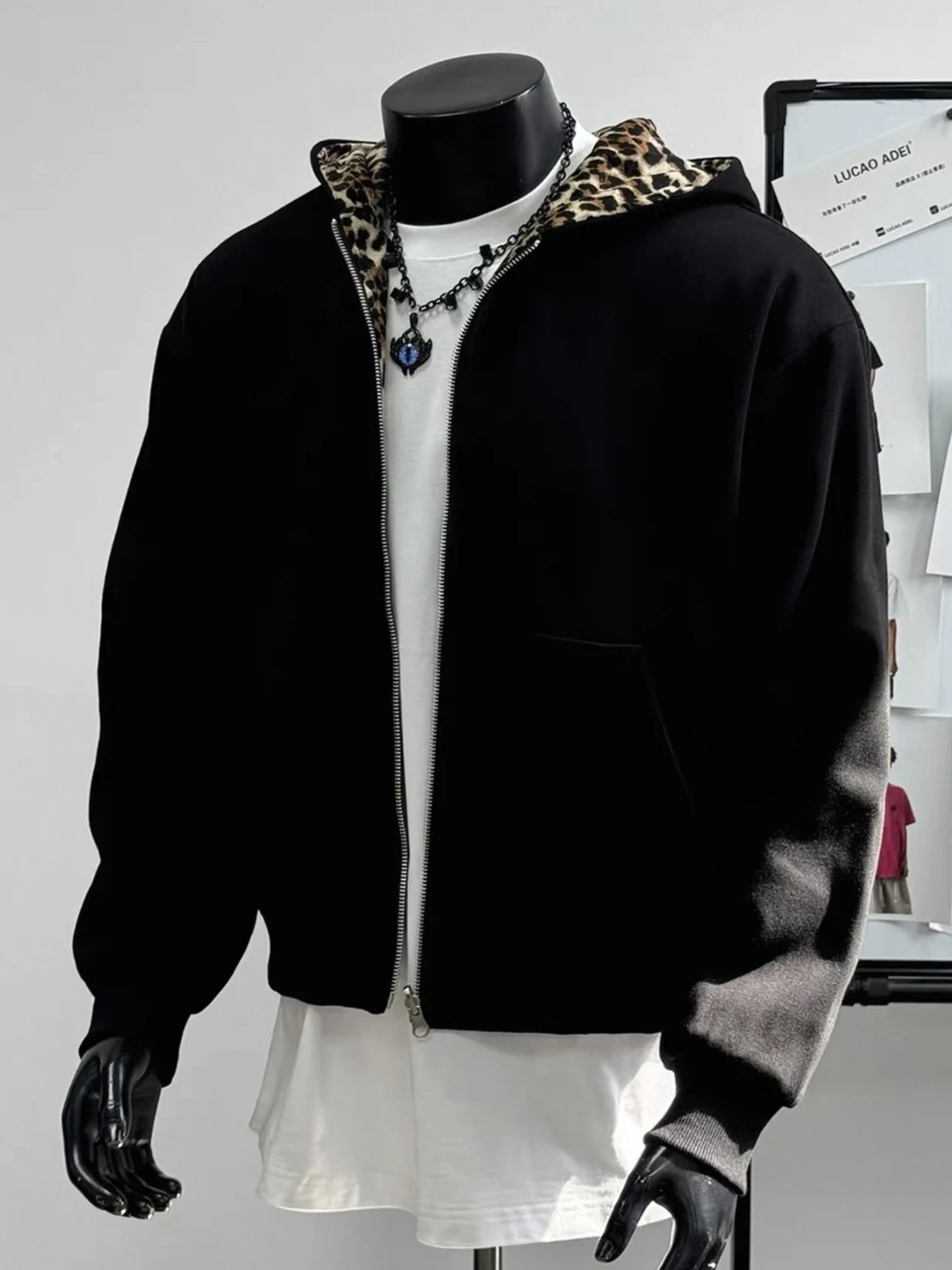 

American Retro Hooded Double-Sided Wear Leopard Print Zipper Cardigan Sweatirt Men Autumn Winter Loose Outerwear Jaet